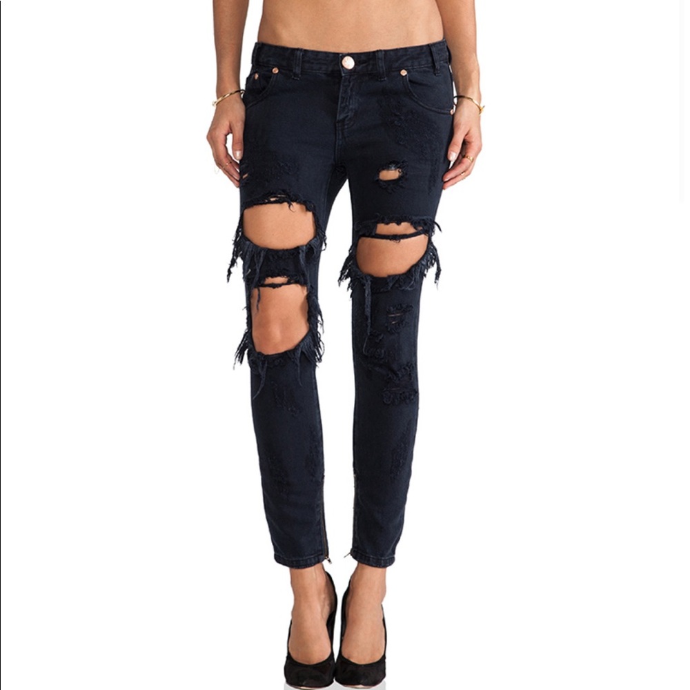 One Teaspoon Trashed Skinny Black Freebirds Jeans